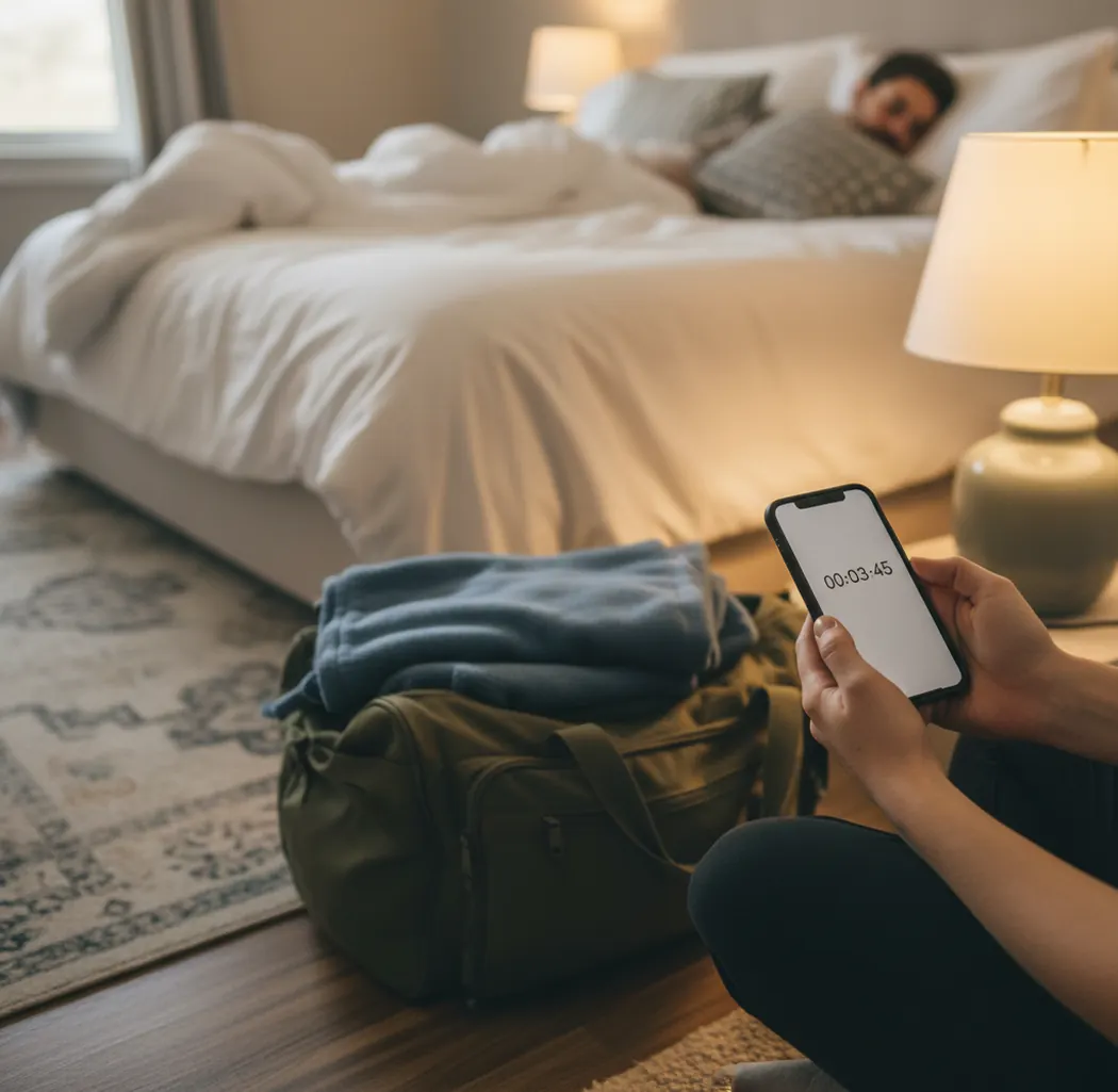 Partner holding a phone timer while supporting a laboring person on a couch