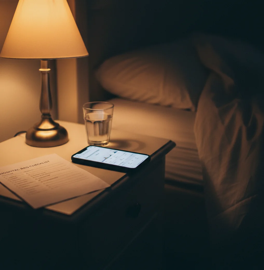 Phone timing contractions beside a notebook, showing interval history for hospital decision support