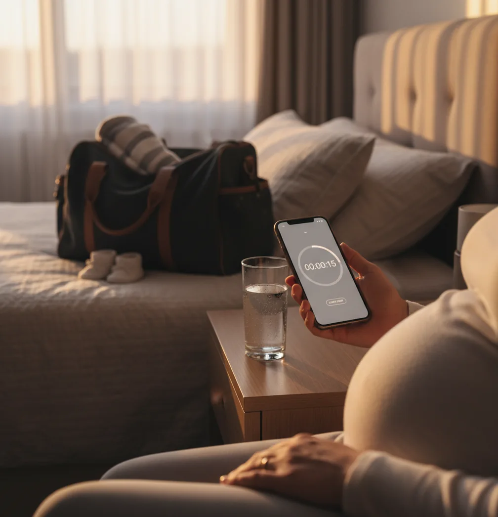 Pregnant person timing contractions on a phone while a partner notes intervals nearby