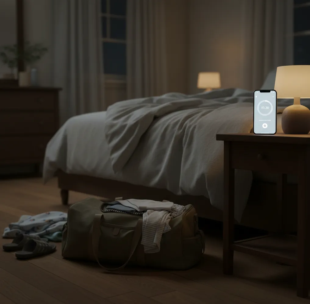 Pregnant person timing contractions on phone while partner packs bag near the door