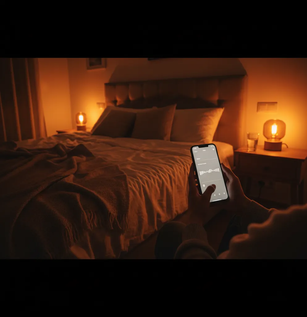 Pregnant person timing contractions on a phone in a dim bedroom, calm and focused