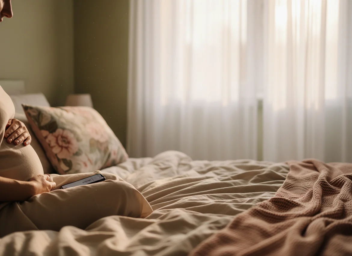 Pregnant woman timing contractions with phone nearby, following the 5-1-1 rule for labor contractions before hospital