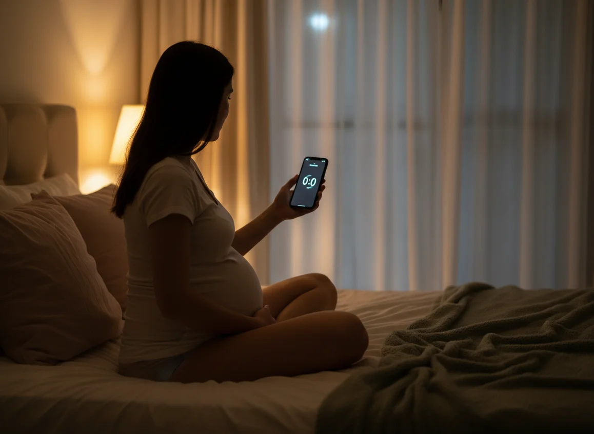 Pregnant woman tracking contractions on phone at night, the story behind the Contraction Timer app creation