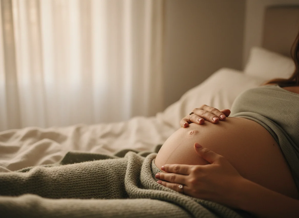 Pregnant woman using baby kicks counter while resting, hands on belly tracking fetal movement in cozy home setting