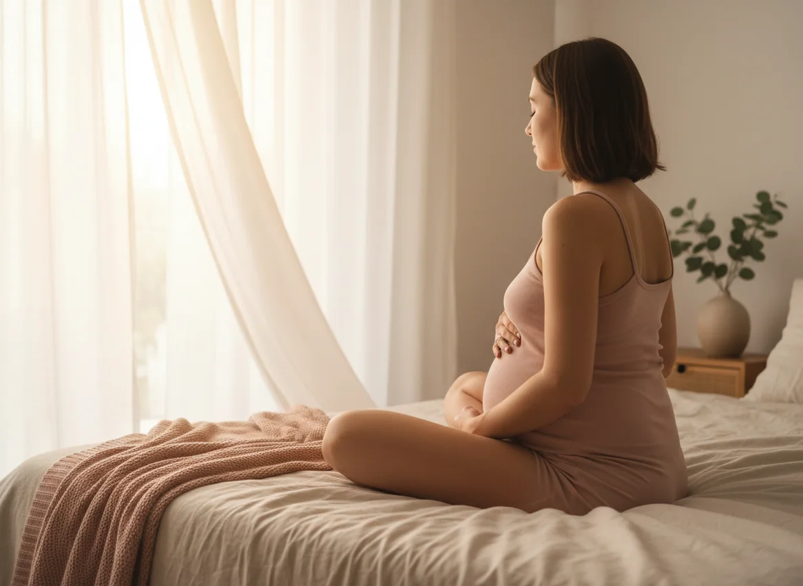 Pregnant woman practicing breathing techniques for labor while sitting peacefully on bed in soft morning light