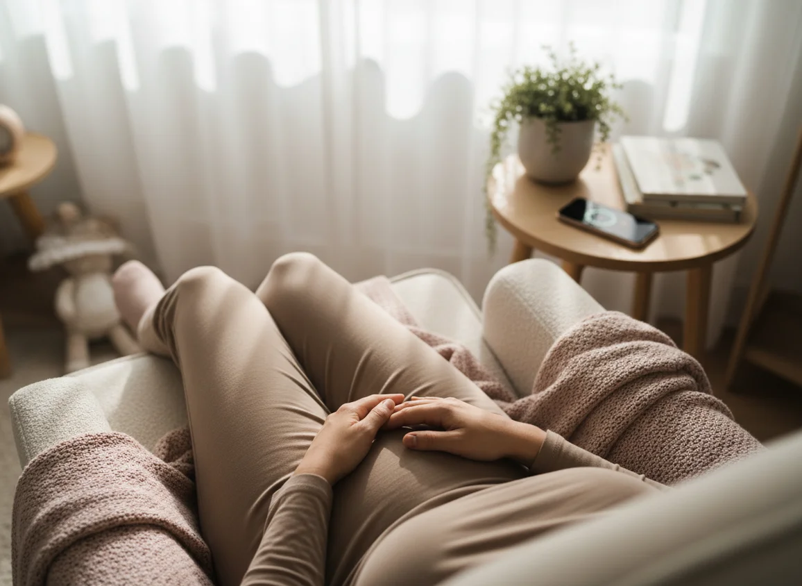 Pregnant woman using contraction timer and contraction counter app on phone while timing labor contractions at home