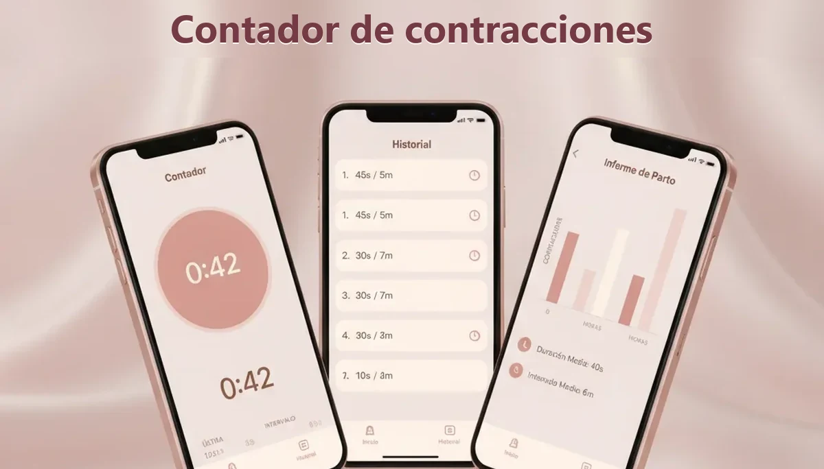 Contador de contracciones gratis mostrando duración y frecuencia del parto
