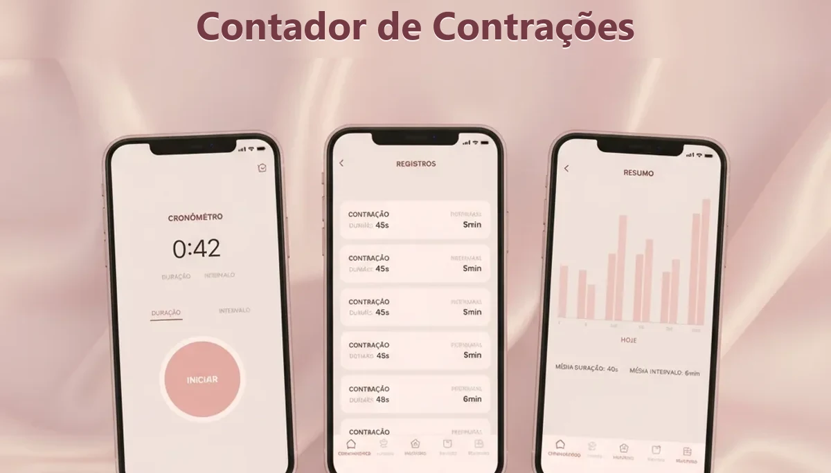 Contador de contrações gratuito mostrando duração e frequência do trabalho de parto
