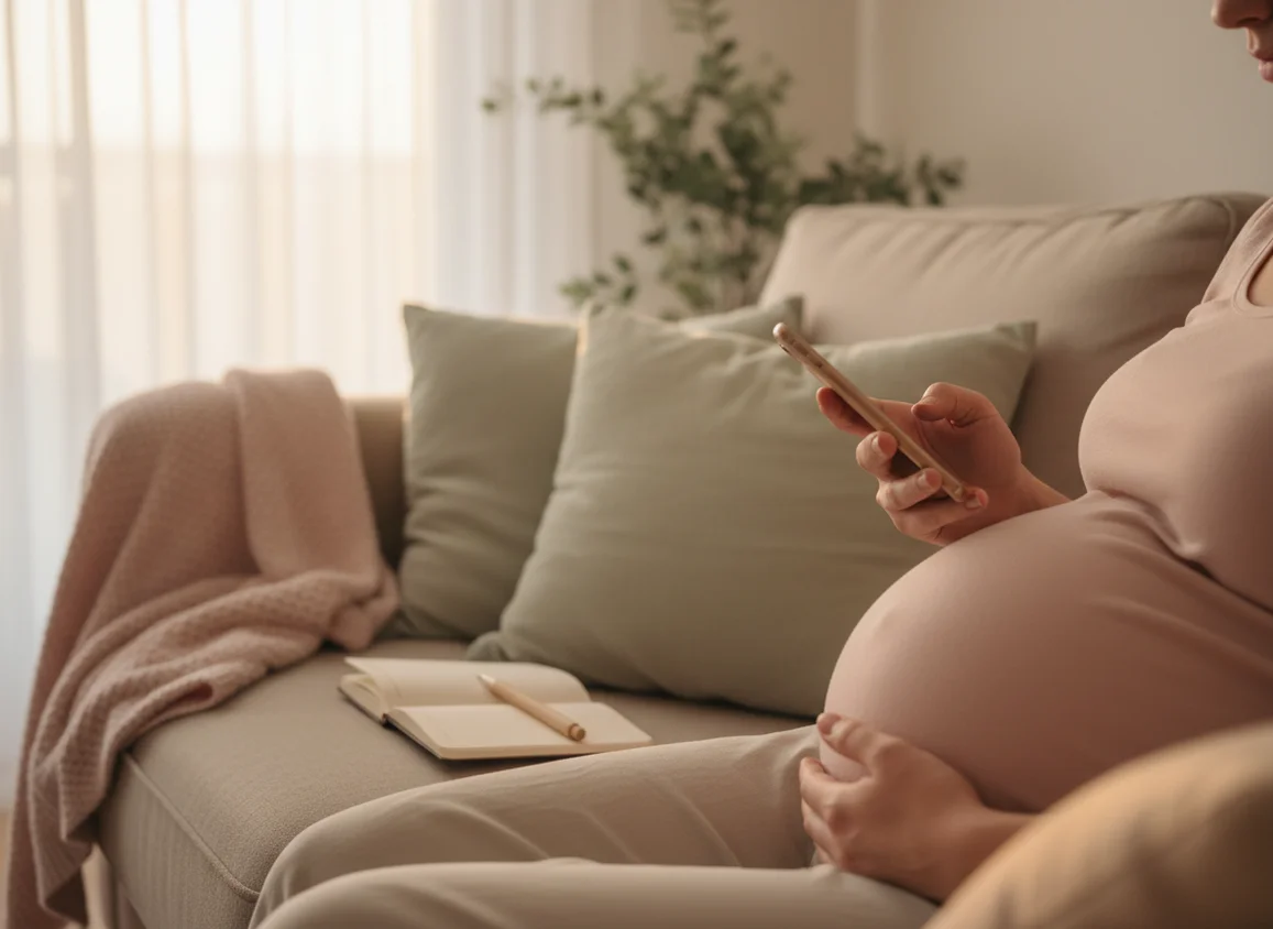 Pregnant woman's hands on belly holding phone to track contractions during labor with cozy home setting