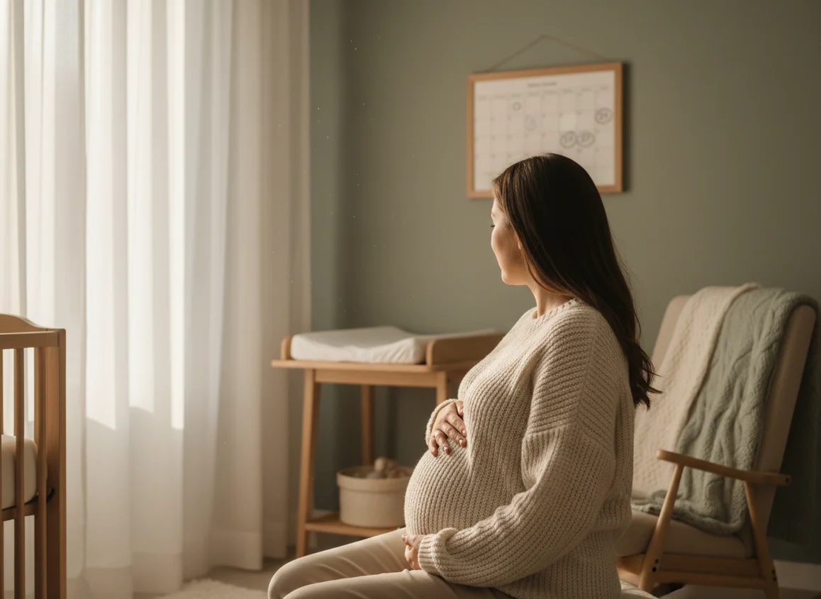 Pregnant woman using pregnancy due date calculator concept, cradling belly while looking at calendar in peaceful sage green nursery