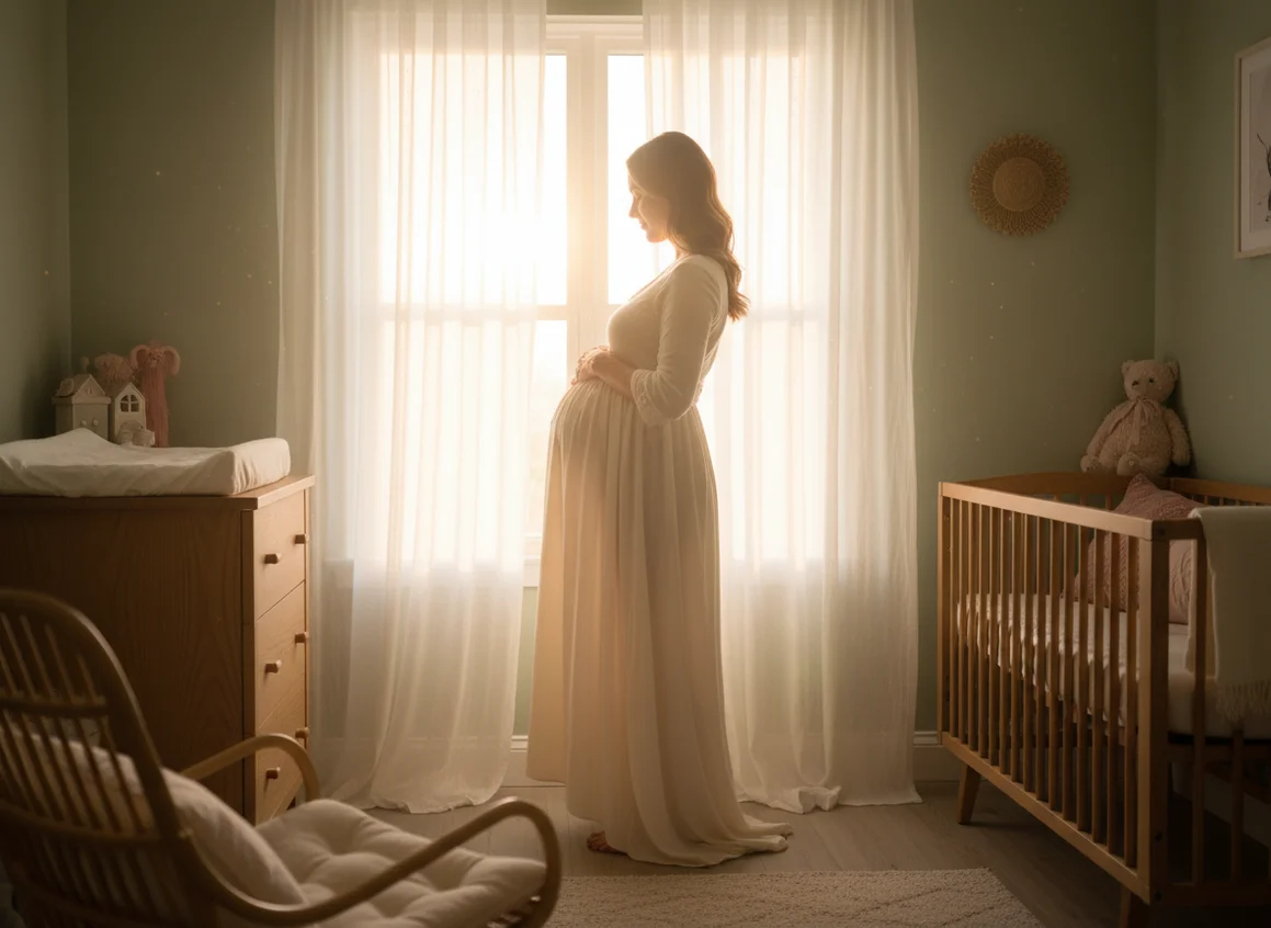 Pregnant woman cradling belly by window, preparing for stages of labor contractions and delivery journey