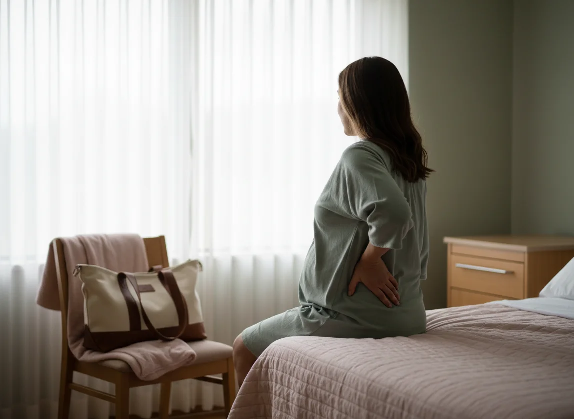 Pregnant woman preparing to go to hospital for contractions, sitting on bed with overnight bag packed, soft natural lighting